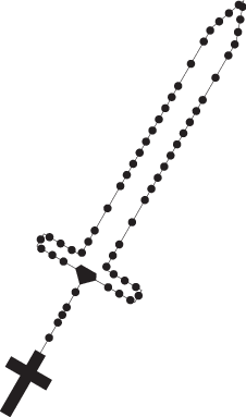 Rosary strung in the shape of a sword, with handle, blade, and hilt